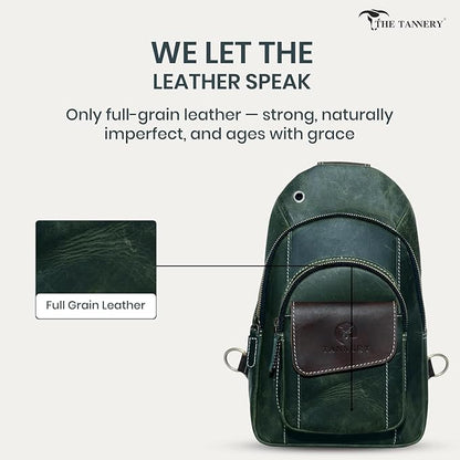 The Tannery Handmade Buffalo Leather Multipurpose Travel Hiking Crossbody Chest Backpack with Adjustable Shoulder Strap (Green, Small)