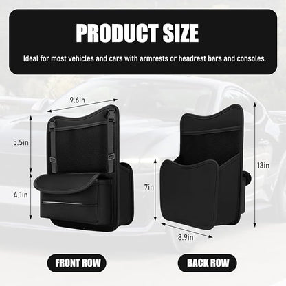 Car Organizer Storage Between Seats, Nappa Leather Front Seat Storage Bag with Tissue Holder, Automotive Console Hanging Net Pocket Handbag Holder for Phone Document (Black)