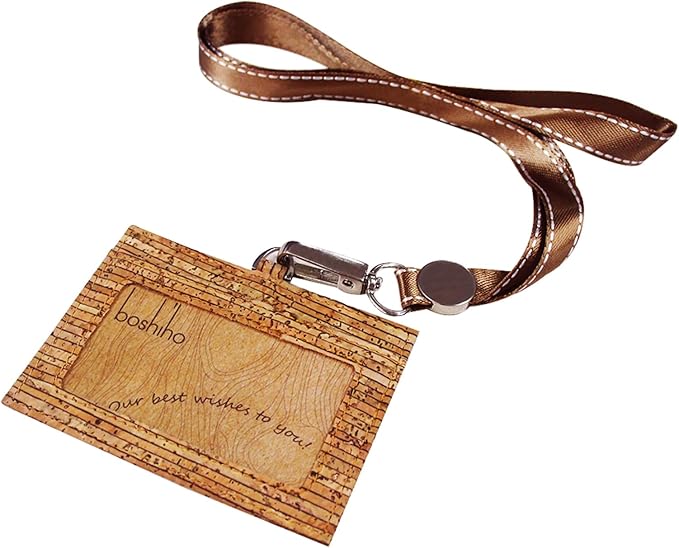 Badge Holder, Boshiho Eco-Friendly Cork ID Name Credit Card Case with Neck Lanyard Strap, Horizontal Style (Line)
