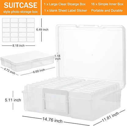 ALINK Photo Storage Box with Handle, 4" x 6" Photo Case Craft Keeper Organizer Container with 16 Inner Case and Label for Pictures, Arts, Crafts, Sewing, Stickers, Office Supplies - Clear