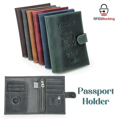 CONTACTS Full Grain Leather Passport Holder with Airtag Slot RFID Blocking Passport Wallet for Men Travel Passport Cover with SIM Card Removal Tool (Badge, Gray)