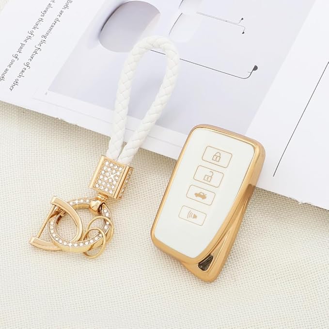 PIFOOG for Lexus Key Fob Cover White Gold Soft TPU 4 Button Car Keys Case Shell Full Protector Bling Keychain for Lexus NX RX GS IS ES LS RC Smart Keys Accessories Girly Women Cute
