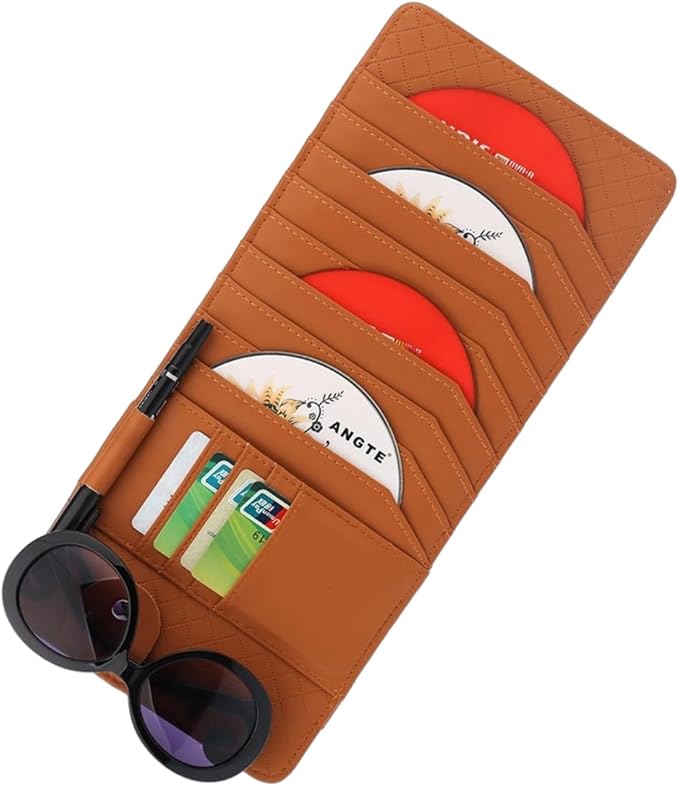 CD Case Holder for Car Sun Visor, Visor DVD Storage Organizer with Sunglasses Clip, Pen Holder & Card Slot, Multifunctional Automotive Disc Storage Pocket, Universal for SUV RV Truck (Brown)