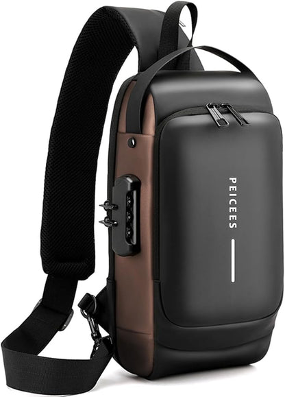 Peicees Mens Crossbody Bag Man Bags Mens Purse Anti-theft Leather Sling Bag Shoulder Bag Chest Bag for Daily Use, Black Gold