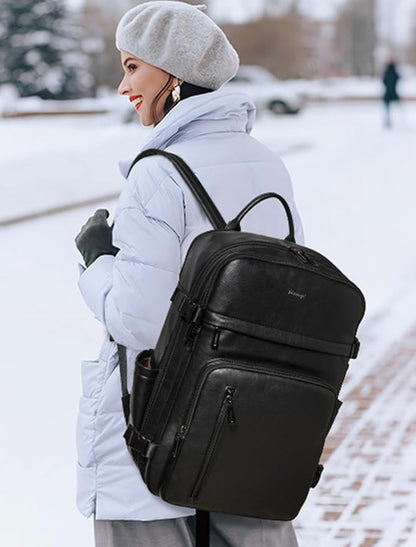 Travel Backpack for Women and Men, Fits 17.0" Laptop, Stylish Lay-Flat Carry-on Vegan Leather Backpack with Luggage Strap for Travel and Daily Use
