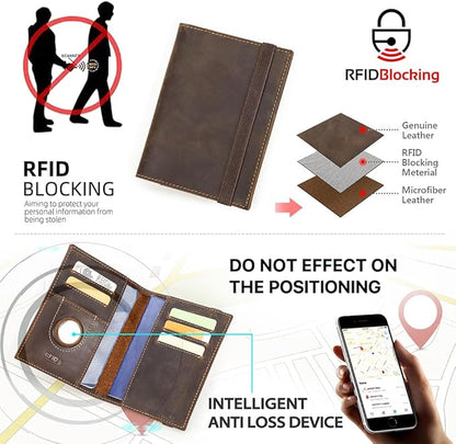 CONTACTS Full Grain Leather Passport Holder for 2 RFID Blocking Travel Passport Wallet Compatible with Airtag Passport Cover Case for 2 Passports with 5 Card Slots