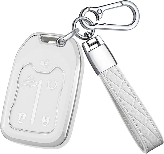 for GMC Key Fob Cover - TPU Key Shell Case Protector Compatible with Chevy Silverado and GMC Sierra 1500 2500HD 3500HD 5 Buttons Smart Remote Key, White