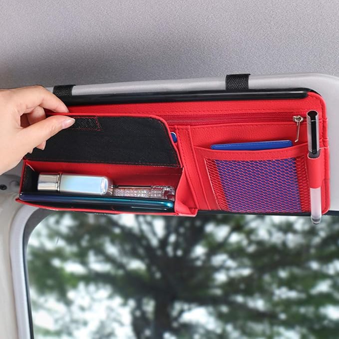 Car Sun Visor Multi-Pocket Net Zipper Organizer Auto Interior Accessories Pocket Organizer Storage Pouch Holder for Card License Pen Glasses (Red)