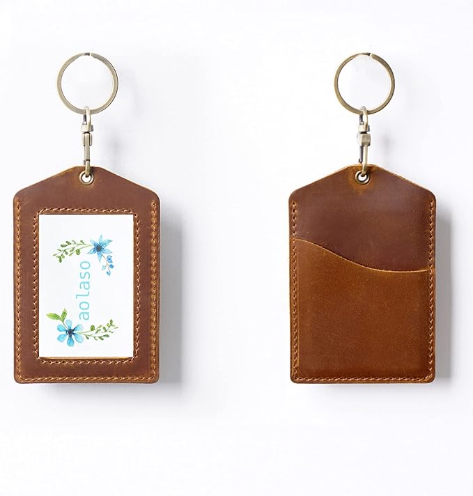 Badge Holder Vertical Handmade Leather ID Card Badge Holder Keychain with Heavy Duty Carabiner Clip for Men Women (Brown)