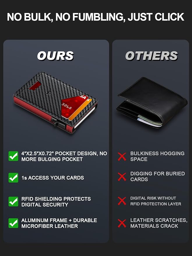 Wallet for Men, Slim Minimalist Wallet with Money Clip＆ID Window, RFID Blocking Pop-Up Credit Card Holder, Smart Auminum Mens Wallet Holds 9-13 Cards (Gift Box) (Carbon Fiber & Red)