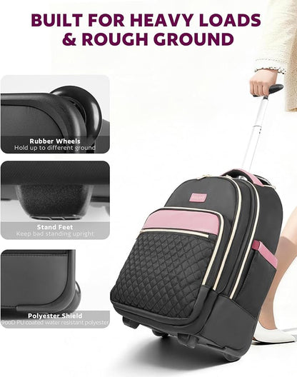 Arcoyard Rolling Backpack for Women, 17 Inch Laptop Backpack With Wheels for Adults, Large Water Resistant Wheeled Carry On Luggage Roller Bag, Flight Approved for Work, Travel, College, Black Purple
