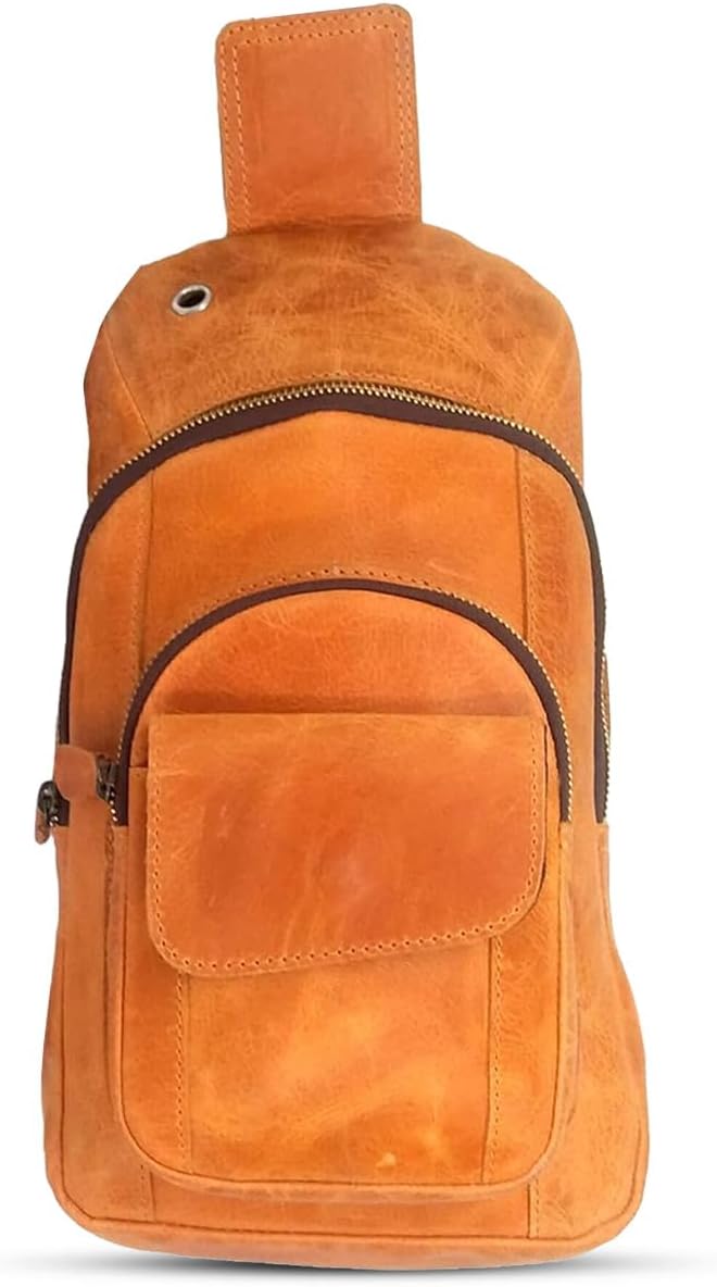 The Tannery Handmade Buffalo Leather Multipurpose Travel Hiking Crossbody Chest Backpack with Adjustable Shoulder Strap, Thanks Giving (Camel Brown, Large)