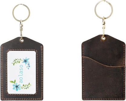 Badge Holder Vertical Handmade Leather ID Card Badge Holder Keychain with Heavy Duty Lanyard for Men Women (Coffee Leather)