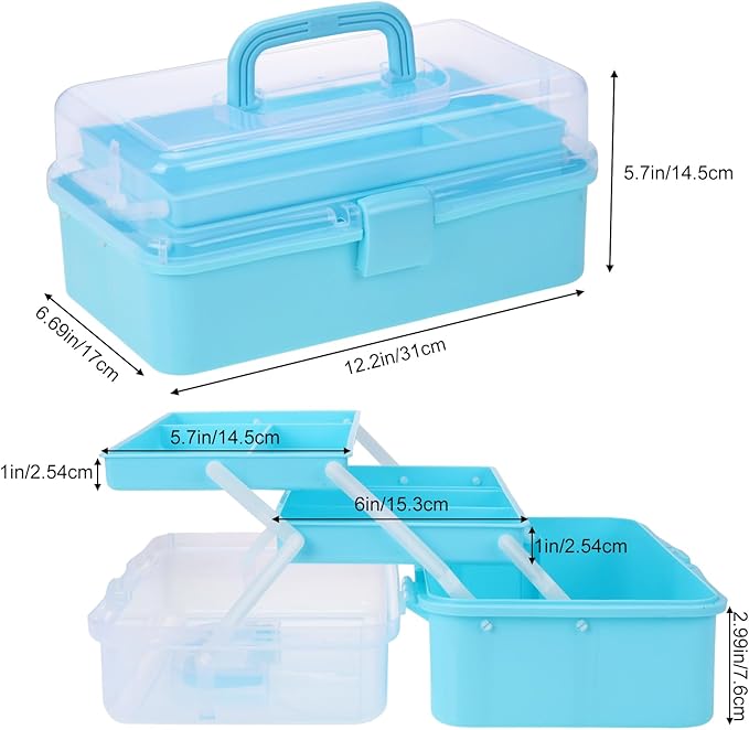 Craft Organizers Plastic Tool Box with Handle 3-Layer for Sewing Supplies, Medicine, Art Supplies, Nails and Hair Accessories 12.5inch (Blue)