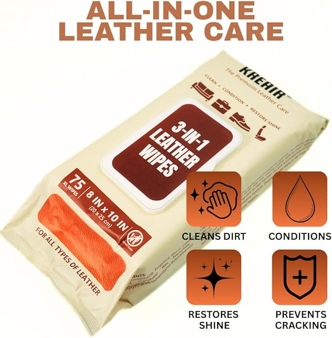 3in1 Leather Wipes 150 XL Count, Clean, Condition & Restore Shine, Extra-Large 8"x10" Wipes for Car Seats, Shoes, Furniture & Bags, Thick, Durable, Non-Linting, Safe for All Leather Types