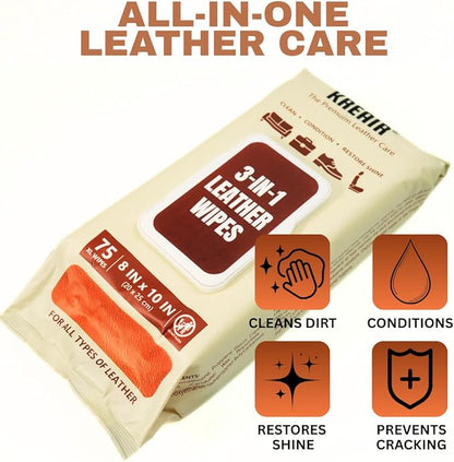 3in1 Leather Wipes 150 XL Count, Clean, Condition & Restore Shine, Extra-Large 8"x10" Wipes for Car Seats, Shoes, Furniture & Bags, Thick, Durable, Non-Linting, Safe for All Leather Types
