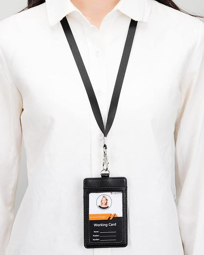 Teskyer Badge Holder with Lanyard, Leather ID Name Badge Card Holder with Lanyard for ID Badges, Vertical, Lychee Pattern Black