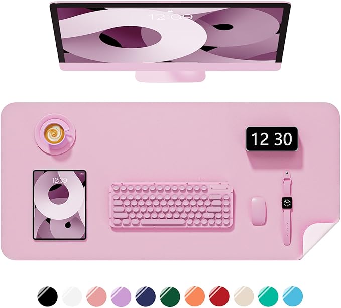Desk Pad, 23.6" x 13.8" PU Leather Non-Slip Desk Mat Large Mouse Pad for Desktop, Waterproof Laptop Computer Writing Mat for Office, Home, Work, Gaming, Pink