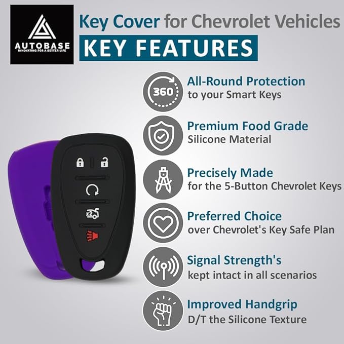 Autobase Silicone Key Fob Cover for Chevy Malibu Camaro Trax Traverse Trailblazer Sonic Cruze Blazer Volt Equinox Spark | Car Accessory for Chevrolet | Key Protection Case 2 Pcs (Black & Purple)