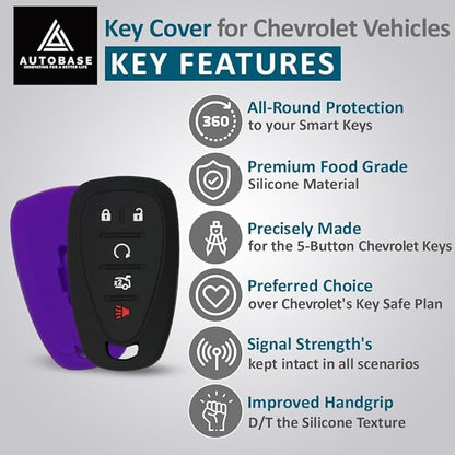 Autobase Silicone Key Fob Cover for Chevy Malibu Camaro Trax Traverse Trailblazer Sonic Cruze Blazer Volt Equinox Spark | Car Accessory for Chevrolet | Key Protection Case 2 Pcs (Black & Purple)