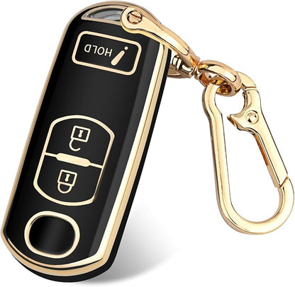 FT FUNTOR for Mazda Key Fob Cover,3 Buttons TPU Key Cover with Golden Edge,Compatible with Mazda 3 6 CX-3 CX-5 CX-7 CX-9 with Keychain (A-Black)