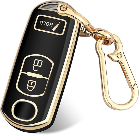 FT FUNTOR for Mazda Key Fob Cover,3 Buttons TPU Key Cover with Golden Edge,Compatible with Mazda 3 6 CX-3 CX-5 CX-7 CX-9 with Keychain (A-Black)