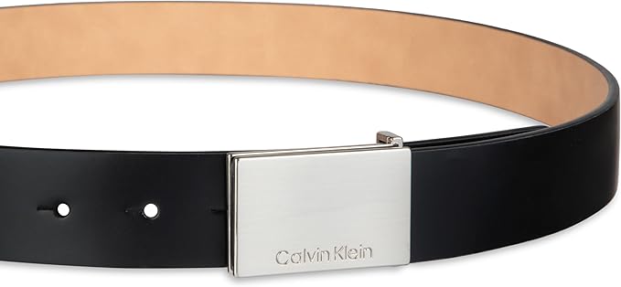 Calvin Klein Men's Plaque Buckle Belt - Casual Modern Style With Logo Detail for Jeans and Dress Pants