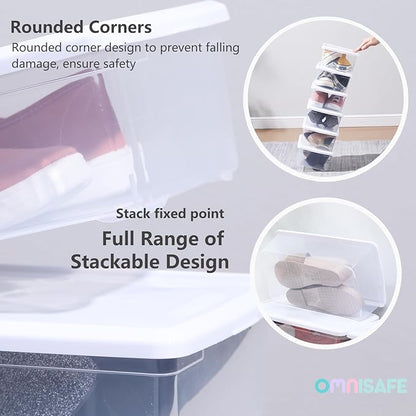 Stackable Plastic Storage Shoebox, BPA-Free Nestable Container with Latching Lid to Organize Shoes, See-Through Box for Home and Office, Multi-Purpose Storage Case, Clear Bins (12 Pack 6 Quart White)