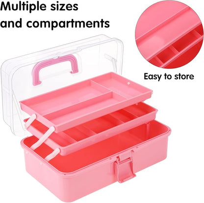 Pink Tackle Box, Craft Organizers and Storage 3-Layer Portable Folding Toolbox, Plastic Tool Box with Handle for Sewing Medicine Art Supplies, Nails and Hair Accessories 12.5inch