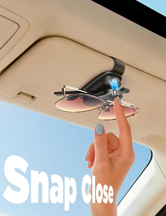 Sunglass Holder for Car, Chfeila Upgrade 360° Rotating & One-Hand Operation Magnetic Glasses Clip, Leather Sun Eyeglass Visor Organizer, Scratch-Free Eyewear Hanger for Car Accessories Gadgets - Black