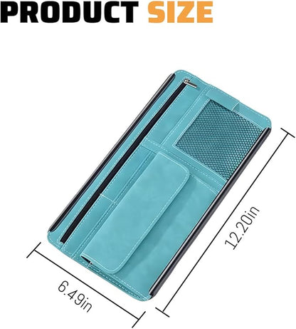 Car Sun Visor Organizer, Leather Vehicle Visor Card License Storage Pouch with Glasses Holder, Multifunctional Auto Interior Sunshade Document Pocket Organizer, Universal for Vehicles (Blue)