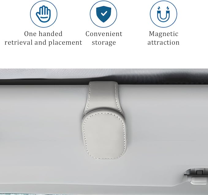 Car Sunglass Holder, Magnetic Leather Vehicle Sun Visor Eyeglass Hanger Clip, Automotive Interior Sunglass Ticket Card Organizer Mount Accessories, Universal for Most Cars (White)