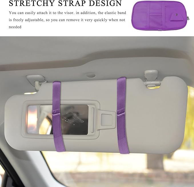 Car Sun Visor Organizer, Leather Multi-Pocket Visor Organizer Pouch with Double Zippers Net, Sunglass Holder Storage Pocket for License Pen Key Card Registration Document (Purple)