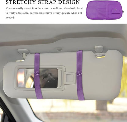 Car Sun Visor Organizer, Leather Multi-Pocket Visor Organizer Pouch with Double Zippers Net, Sunglass Holder Storage Pocket for License Pen Key Card Registration Document (Purple)