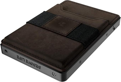 Groove Life Groove Magnetic Thumb Swipe Magsafe Wallet Gun Metal/Brown Leather Go Mens Minimalist Aluminum Credit Card Holder with RFID Blocking, Genuine Leather Attachment, Lifetime Coverage