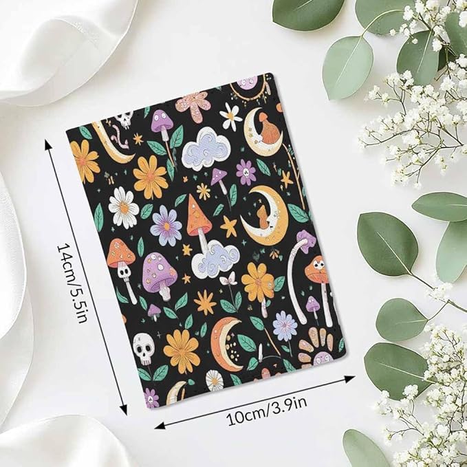 Retro Boho Passport Holder for Travel Mushrooms Skull Crescent Flowers PU Leather Passport Cover Wallet Cute Passport Card Holder for Women and Men