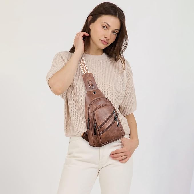 Leresas 7L Crossboydy Sling Bag for Women Vegan Leather Crossbody Purse Fanny Pack Chest Bag for Travel, Brown