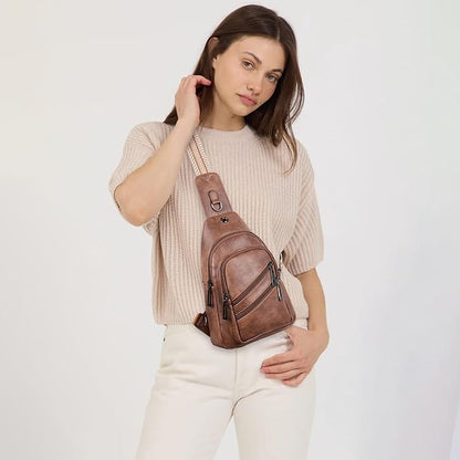 Leresas 7L Crossboydy Sling Bag for Women Vegan Leather Crossbody Purse Fanny Pack Chest Bag for Travel, Brown