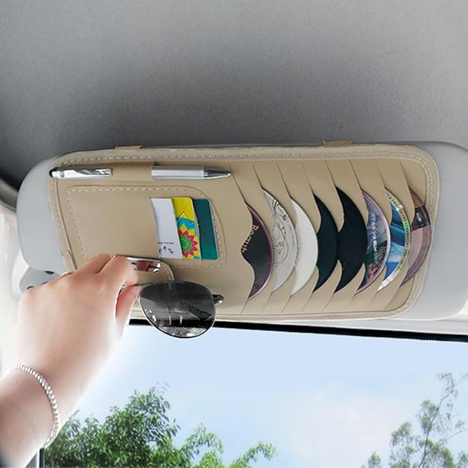 Car Sun Visor Pocket Organizer, Car CD or DVD Holder Storage Case, Multi-Pocket Visor Organizer Storage Pouch, Glasses Clip Storage Bag, Auto Interior Accessories Pocket Organizer (Beige)