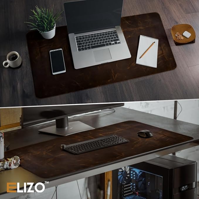 Elizo Real Leather Desk Mat Set (32x16) Large Desk Cover Desk Blotter Protector Computer Gaming Mouse Pad Table Laptop Office Desktop Accessories