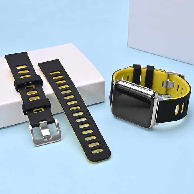 WOCCI 22mm Bicolor Watch Band, Silicone Rubber, Quick Release Replacement Strap for Men and Women, Silver Stainless Steel Buckle (Black-Yellow)