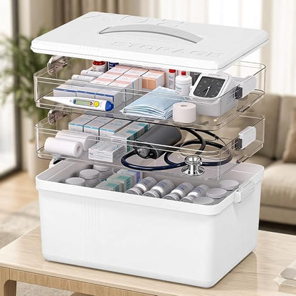 Citylife 3-Tier Medicine Cabinet Organizer,Medicine Cabinet First Aid Kit with Handle,Portable Multi-Purpose Storage Box Suitable for Family Emergency,Home,Travel,White