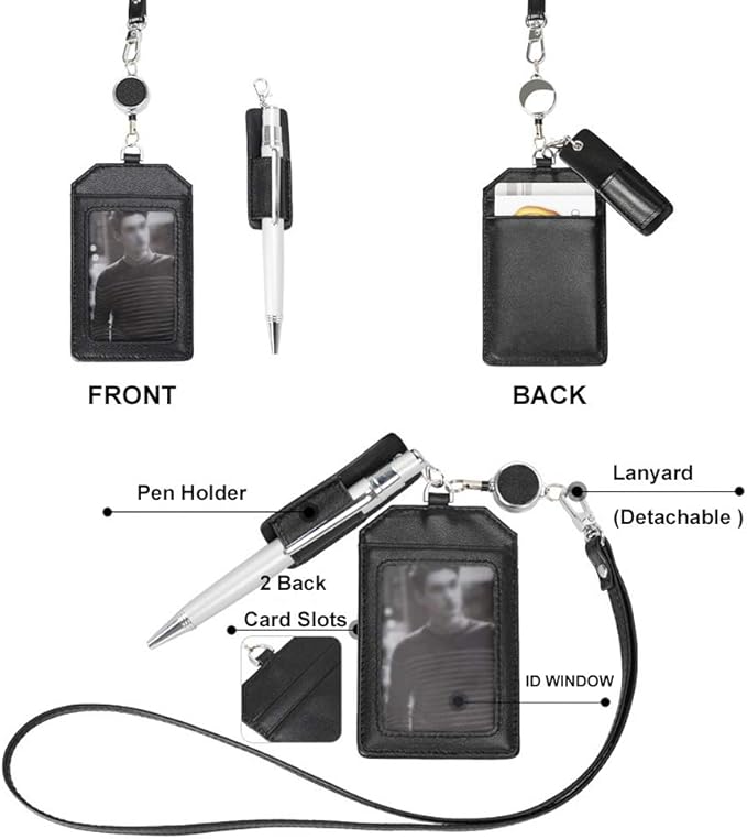 Office Badge Holder - Boshiho Genuine Leather Credit ID Card Holder with Stretch Neck Lanyard Vertical Style (Wine)
