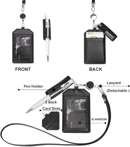Office Badge Holder - Boshiho Genuine Leather Credit ID Card Holder with Stretch Neck Lanyard Vertical Style (Wine)
