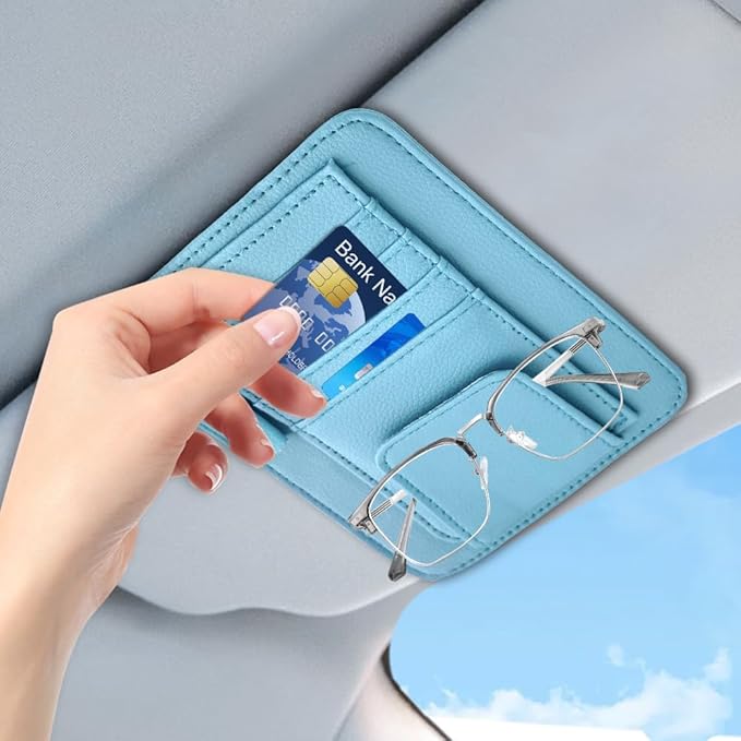 Small Leather Sun Visor Organizer, Visor Accessories, Multi-Pocket Sunvisor Storage with Sunglass Holder, Car Organizer for Drving License Card Pen Fits Most Vehicles (Blue)