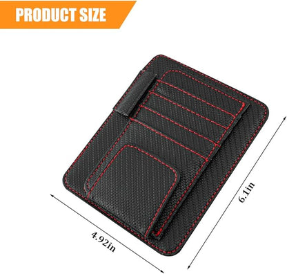 Car Sun Visor Organizer, PU Leather Vehicle Visor Document Storage Pocket for Sunglass Card Pen, Multifunctional Automotive Interior Holder Accessories, Universal Fit (Carbon Black/Red)