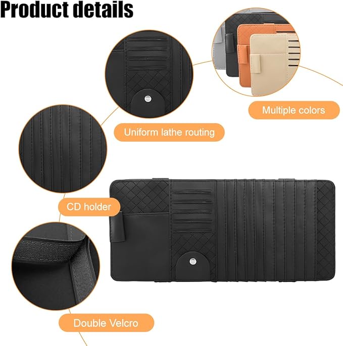 Zpana Car Sun Visor CD Case Holder, Multi-Function Vehicle DVD Eyeglass Organizer Clip with 10 DVD Storage Sleeves, Automotive Card Slots & Pen Holder Bag, Universal for SUV RV Truck (Black)