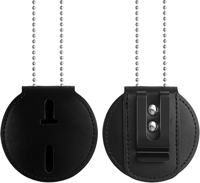 Police Badge Holder, Cowhide Law Enforcement Badge Holder, Universal Badge Holders Belt Clip with Stationary Metal Clip and Chain for Officer Gifts,Black,Circular