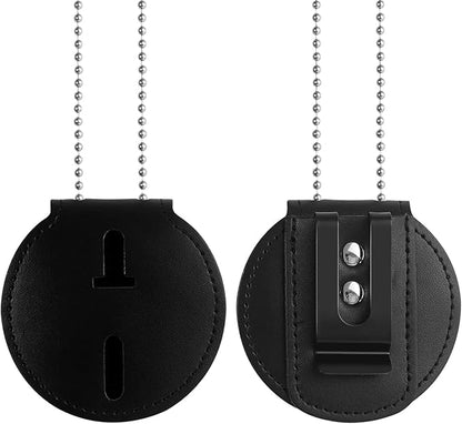 Police Badge Holder, Cowhide Law Enforcement Badge Holder, Universal Badge Holders Belt Clip with Stationary Metal Clip and Chain for Officer Gifts,Black,Circular
