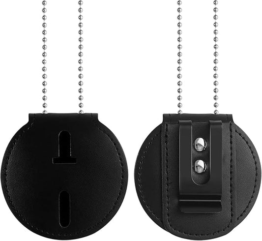 Police Badge Holder, Cowhide Law Enforcement Badge Holder, Universal Badge Holders Belt Clip with Stationary Metal Clip and Chain for Officer Gifts,Black,Circular